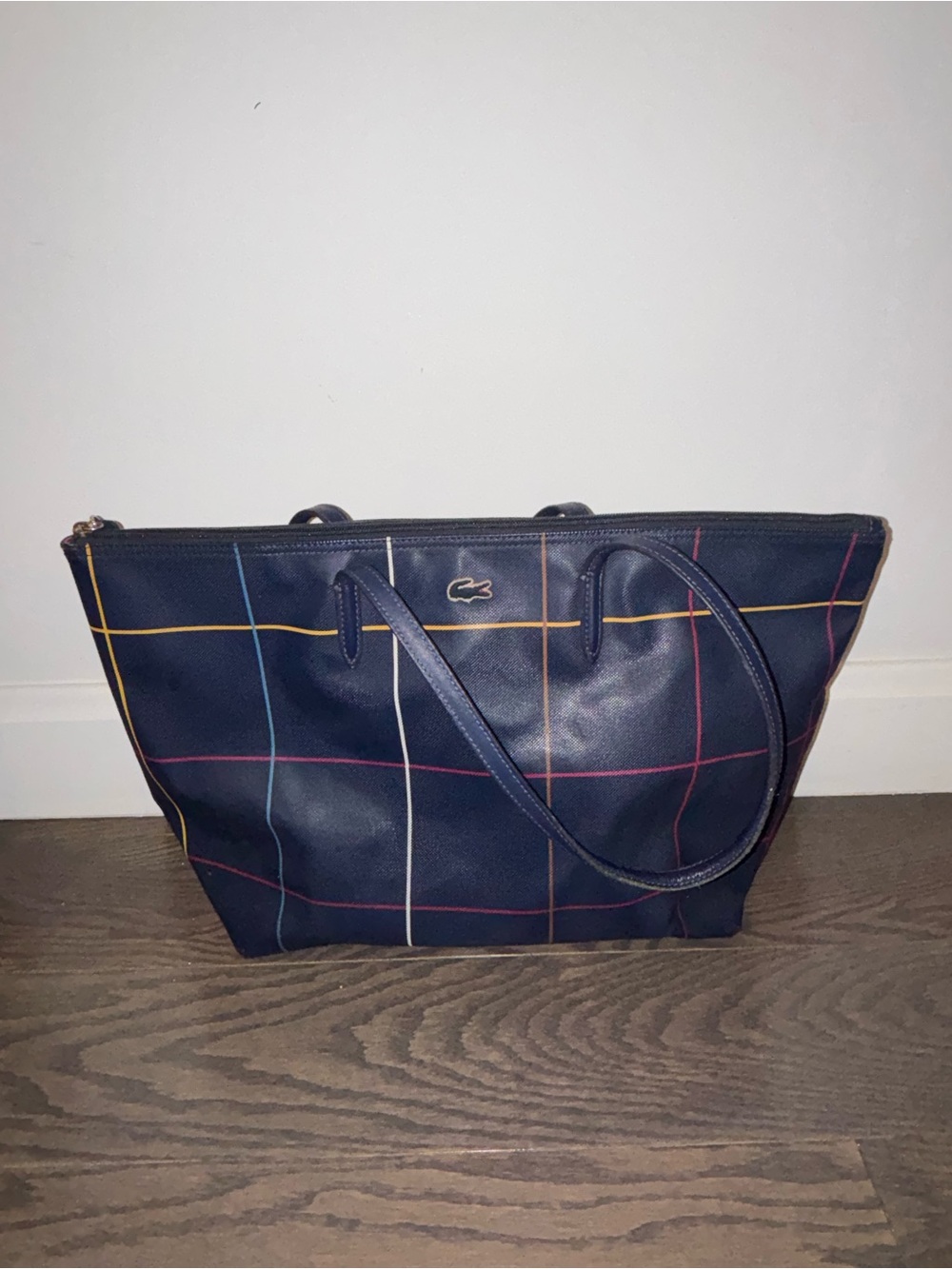 Lacoste Navy Tote with Multicolor Plaid Lines